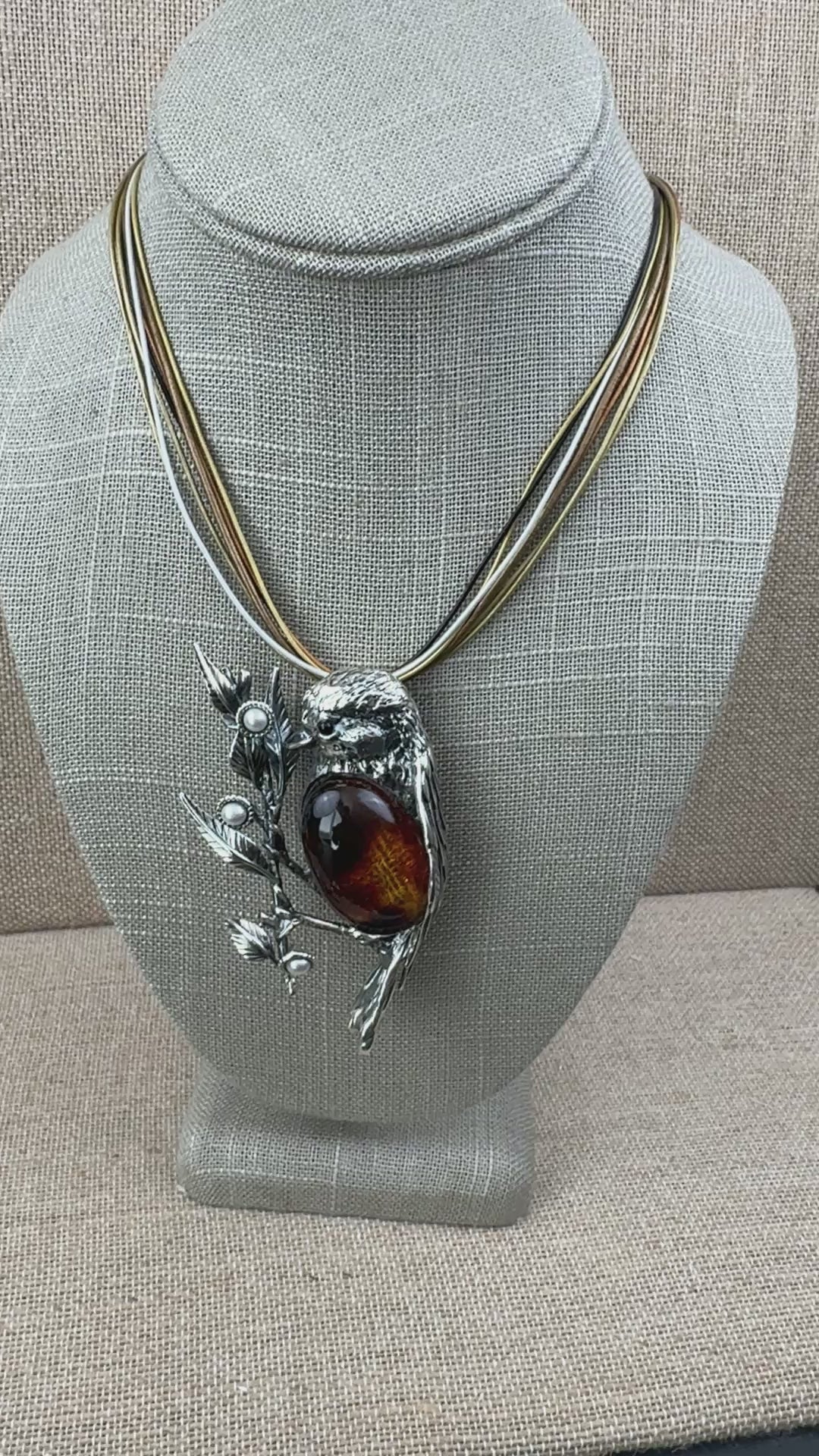 One-of-a-Kind Sterling Silver Baltic Amber Bird Pendant Brooch