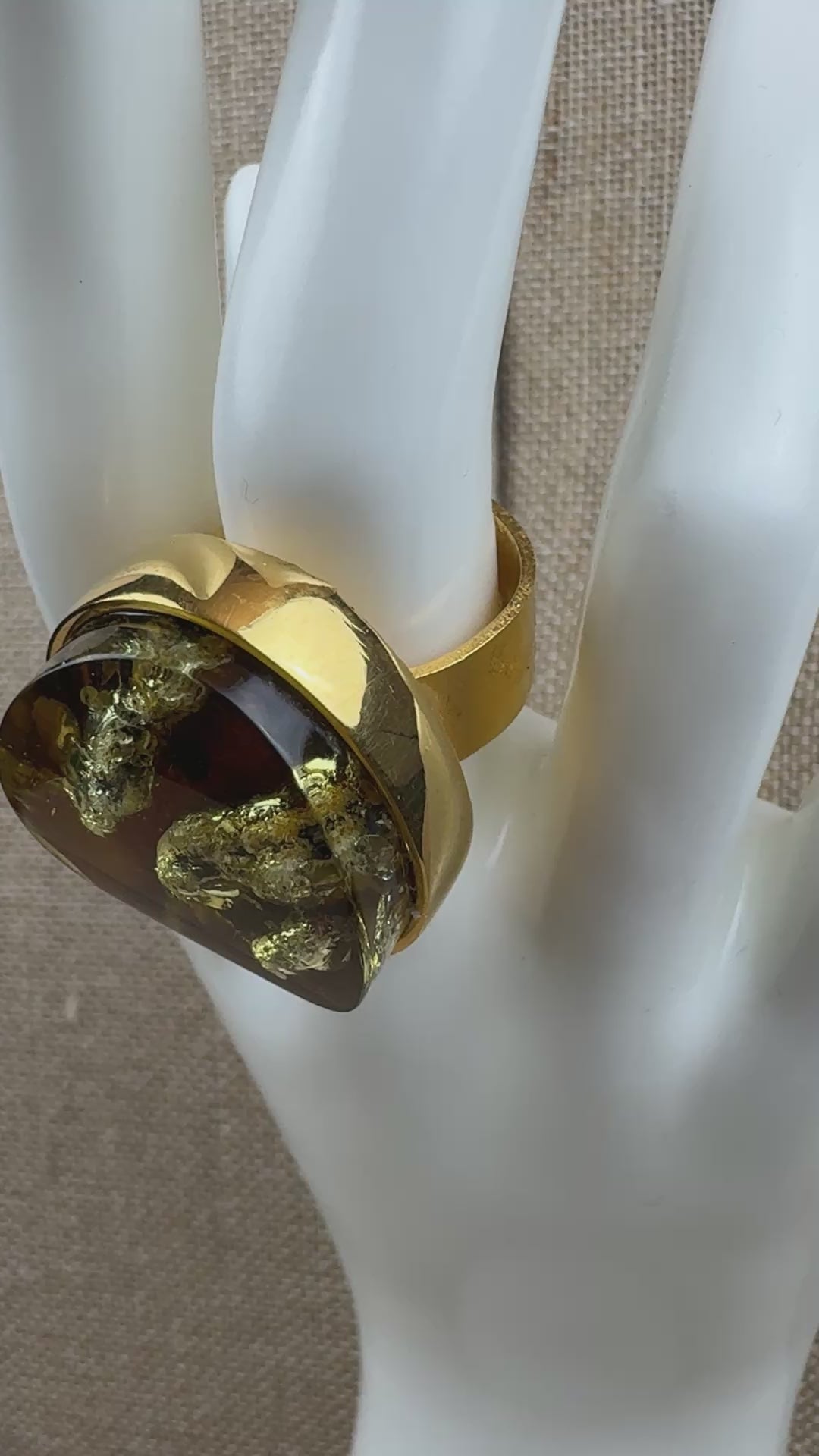One-of-a-Kind Gold Plated Sterling Silver Baltic Amber Statement Ring | Adjustable Oversized Natural Amber Cocktail Jewelry