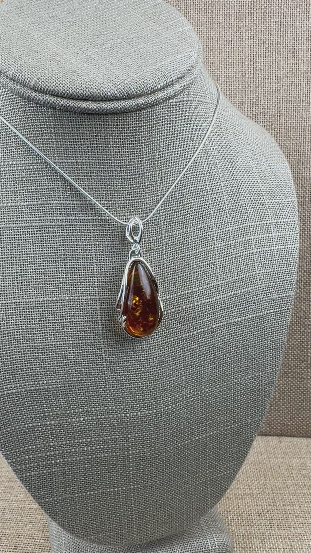 Handmade Classic Baltic Amber & Sterling Silver Pendant Necklace – 18” Snake Chain