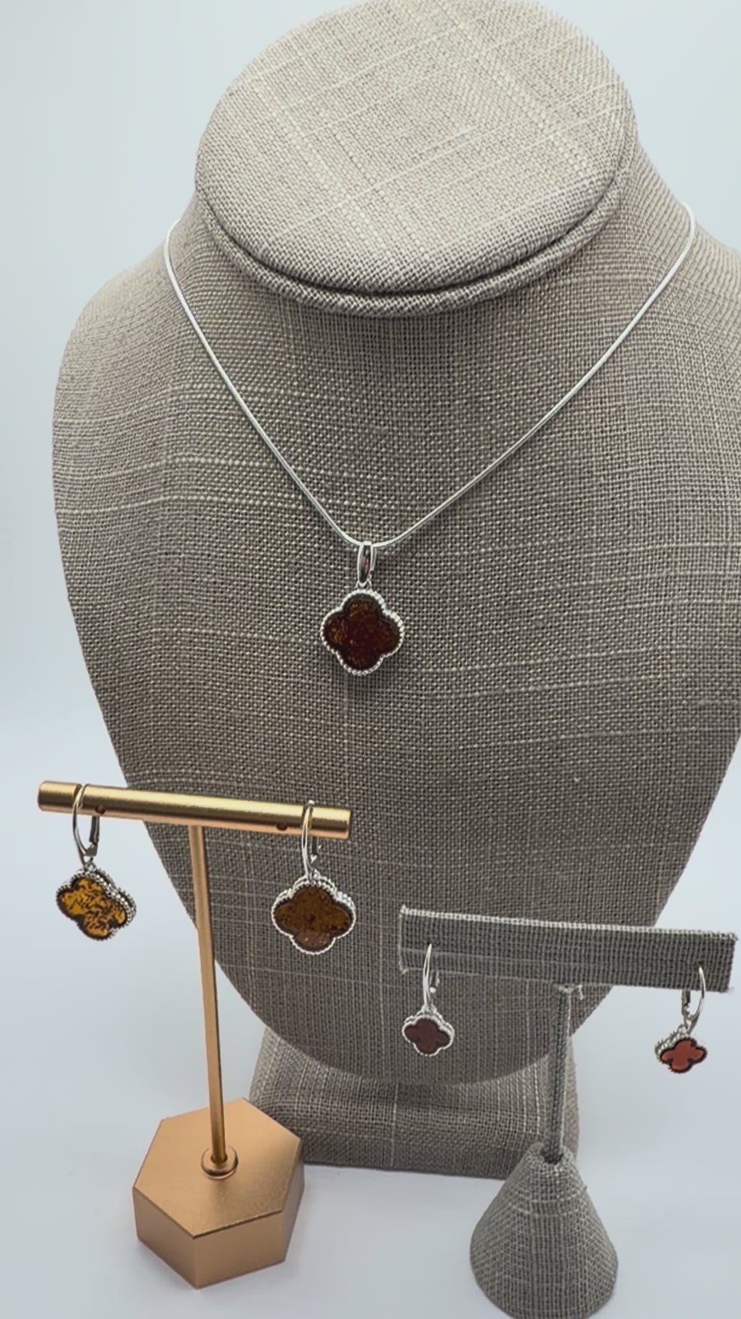 Handmade in Poland Sterling Silver & Genuine Baltic Amber Clover Necklace & Earrings Set