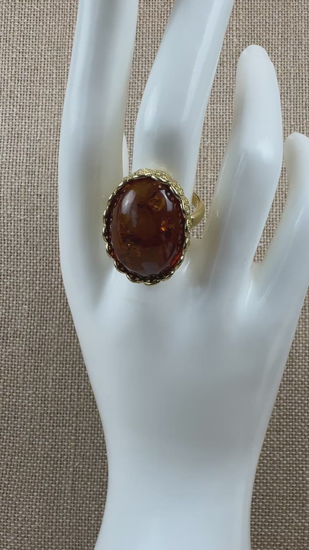 Gold Plated Sterling Silver Cognac Baltic Amber Ring – Handmade in Poland – 18x25mm Cabochon