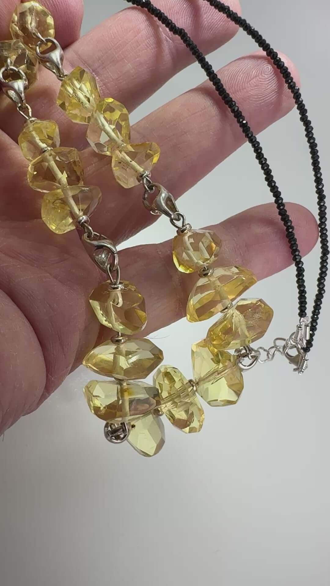 Lemon Amber Bead Necklace with Black Onyx – Handcrafted 24” Design from Lithuania