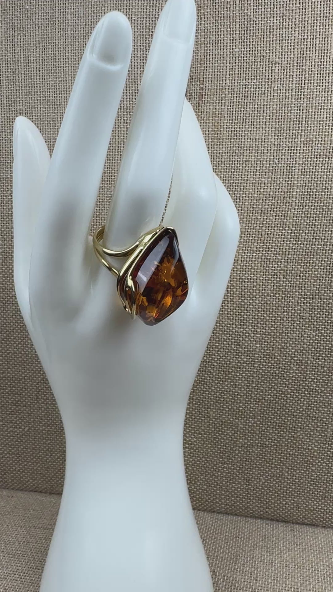 Handmade in Poland Gold Plated Sterling Silver Cognac Baltic Amber Adjustable Cocktail Ring – Genuine Baltic Amber Statement Jewelry