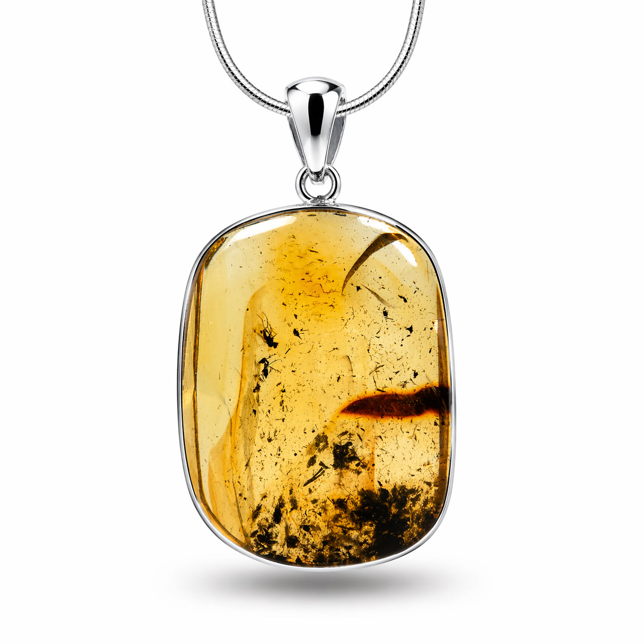 Genuine Baltic Amber Pendant Necklace, Sterling Silver, Fossil Inclusions, Honey Lemon Amber, Rare Insect Amber, Handmade Statement Jewelry