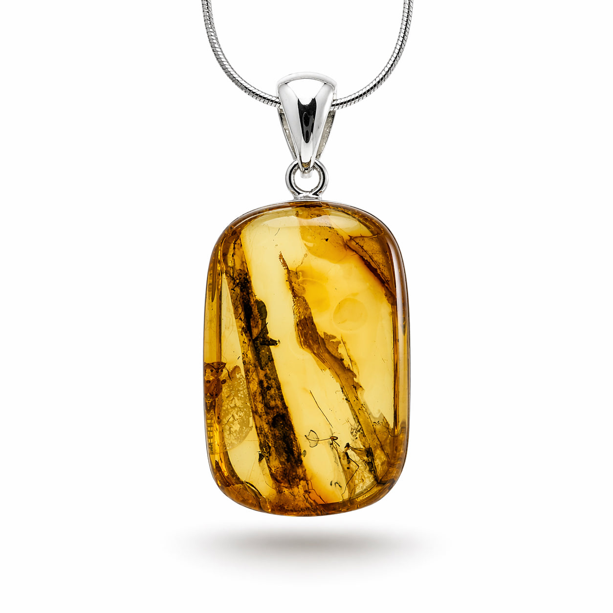 Genuine Baltic Amber Pendant Necklace, Sterling Silver, Fossil Inclusions, Honey Lemon Amber, Rare Insect Amber, Handmade Statement Jewelry