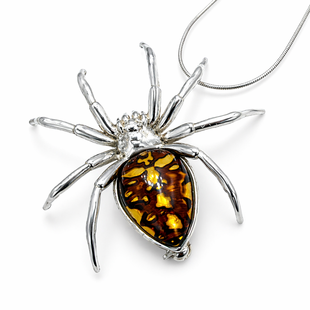 Golden Glow Crawler” – Sterling Silver & Honey Baltic Amber Spider Pendant
