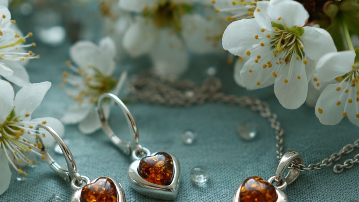 Heart-shaped amber jewelry set with cherry blossoms and water droplets.