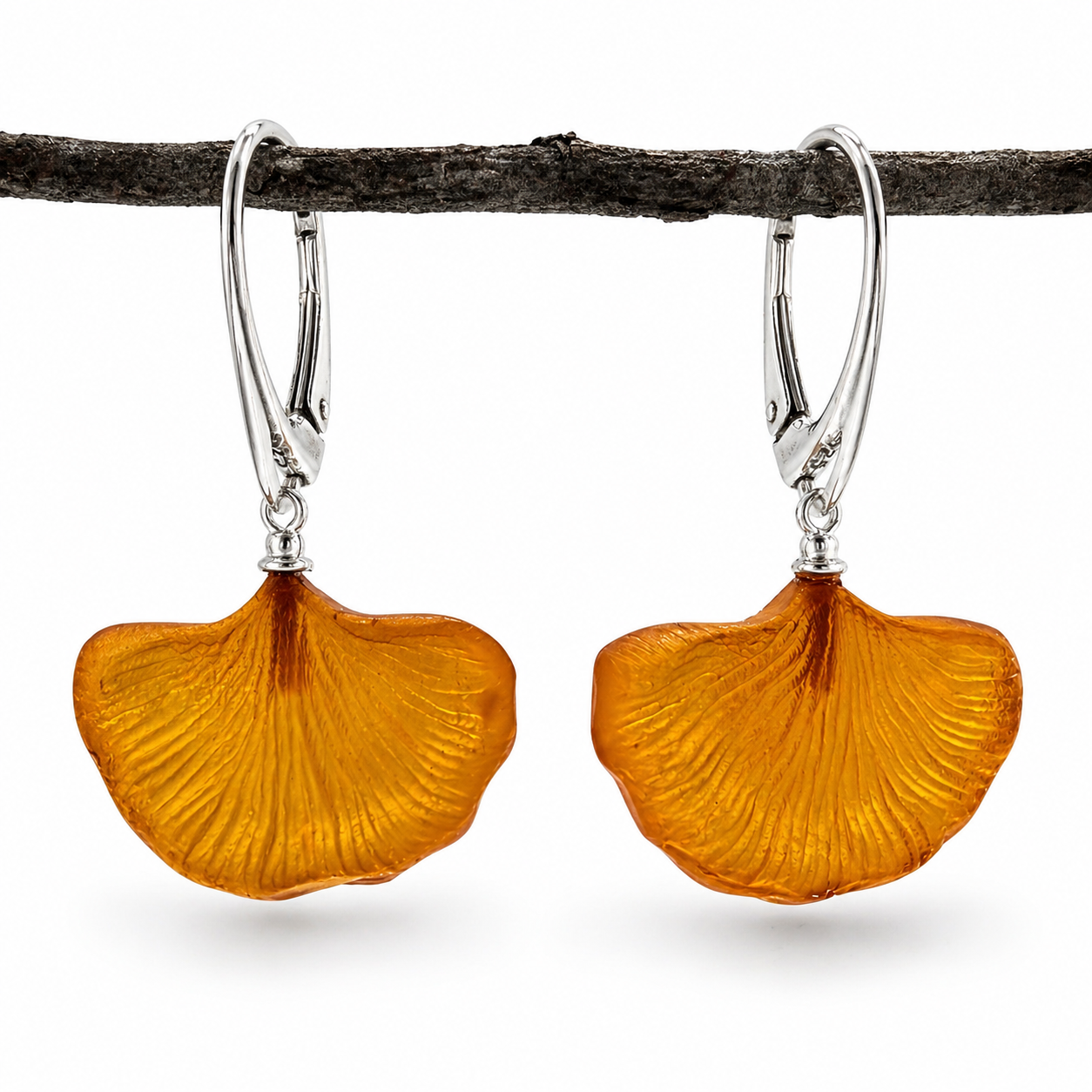 Genuine Baltic Amber Ginkgo Biloba Earrings – Hand Carved Honey Amber – Sterling Silver Lever Back – Nature Inspired Drop Earrings