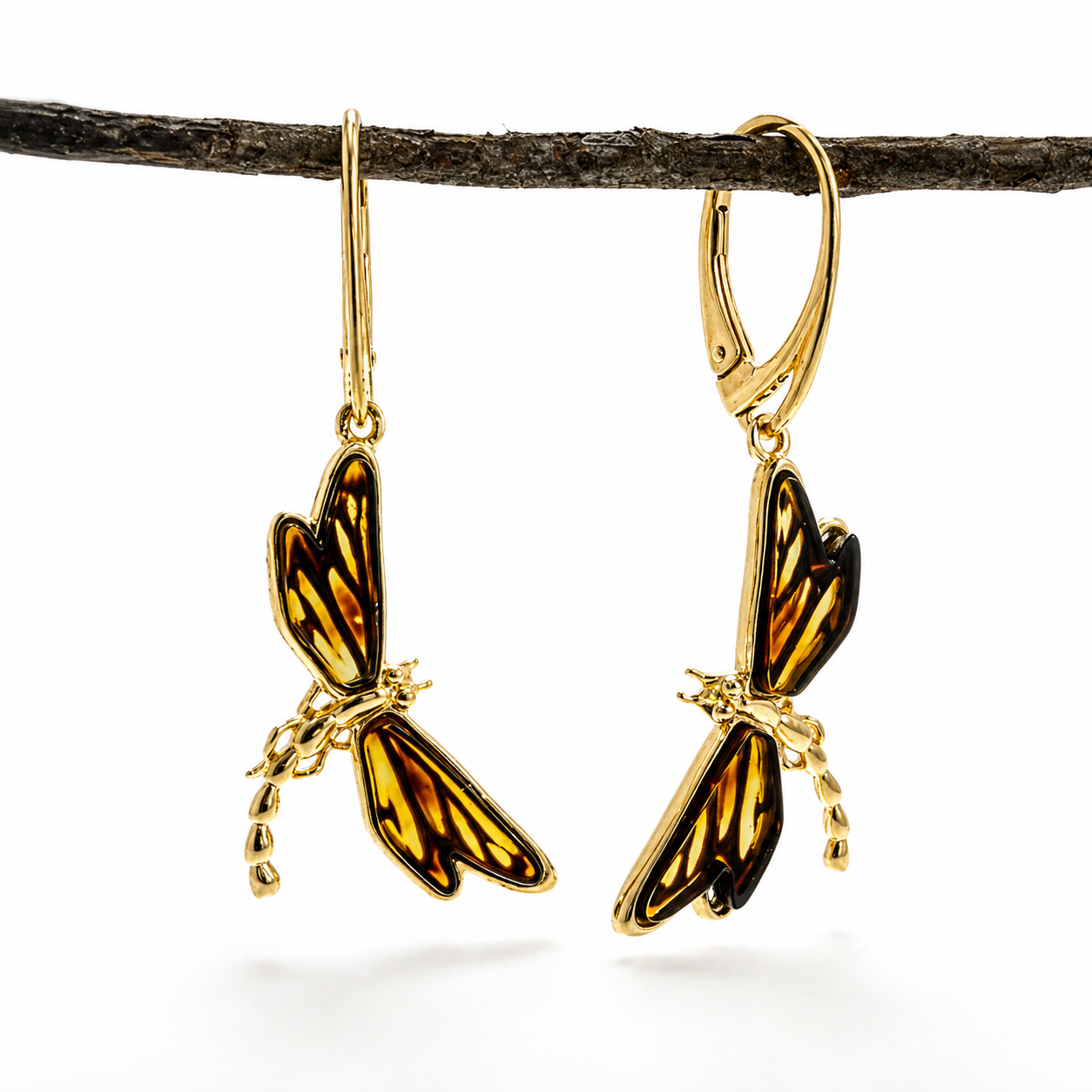 Baltic Amber Dragonfly Earrings, Gold Plated Sterling Silver Lever Back, Hand Etched Amber Wings, Handmade in Poland Drop Earrings