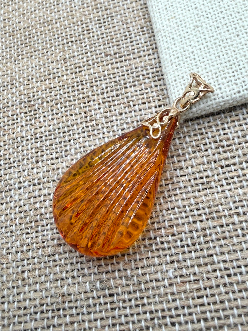 14K Gold & Genuine Honey Baltic Amber Hand-Carved Seashell Teardrop Pendant