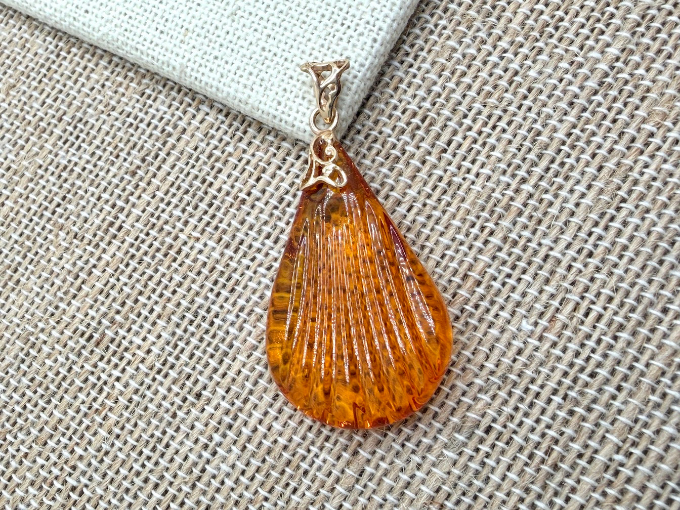 14K Gold & Genuine Honey Baltic Amber Hand-Carved Seashell Teardrop Pendant