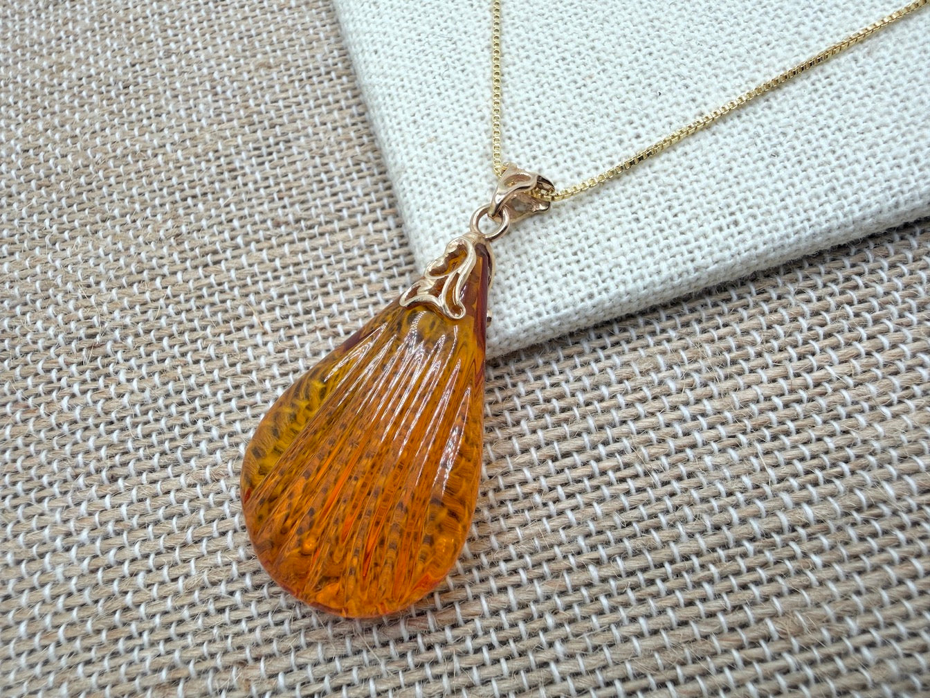 14K Gold & Genuine Honey Baltic Amber Hand-Carved Seashell Teardrop Pendant