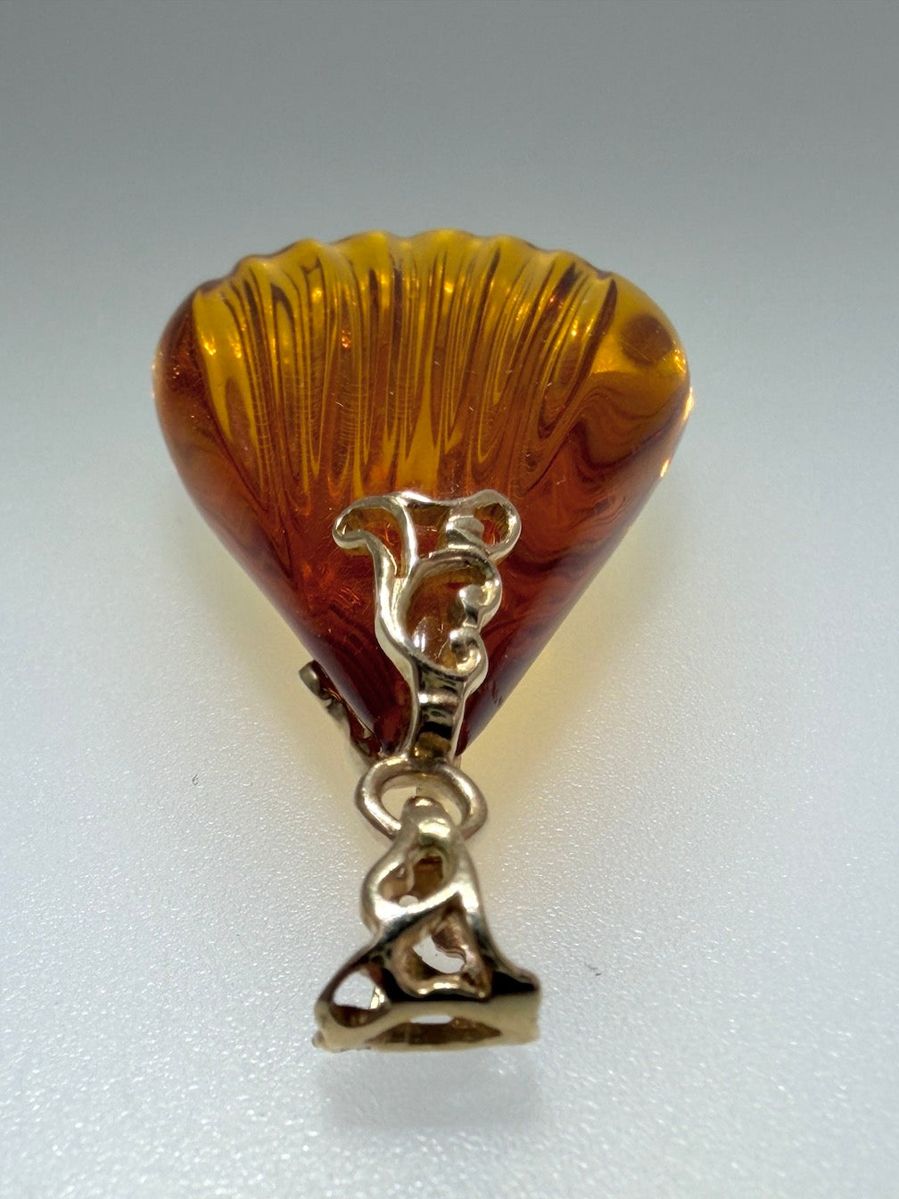 14K Gold & Genuine Honey Baltic Amber Hand-Carved Seashell Teardrop Pendant
