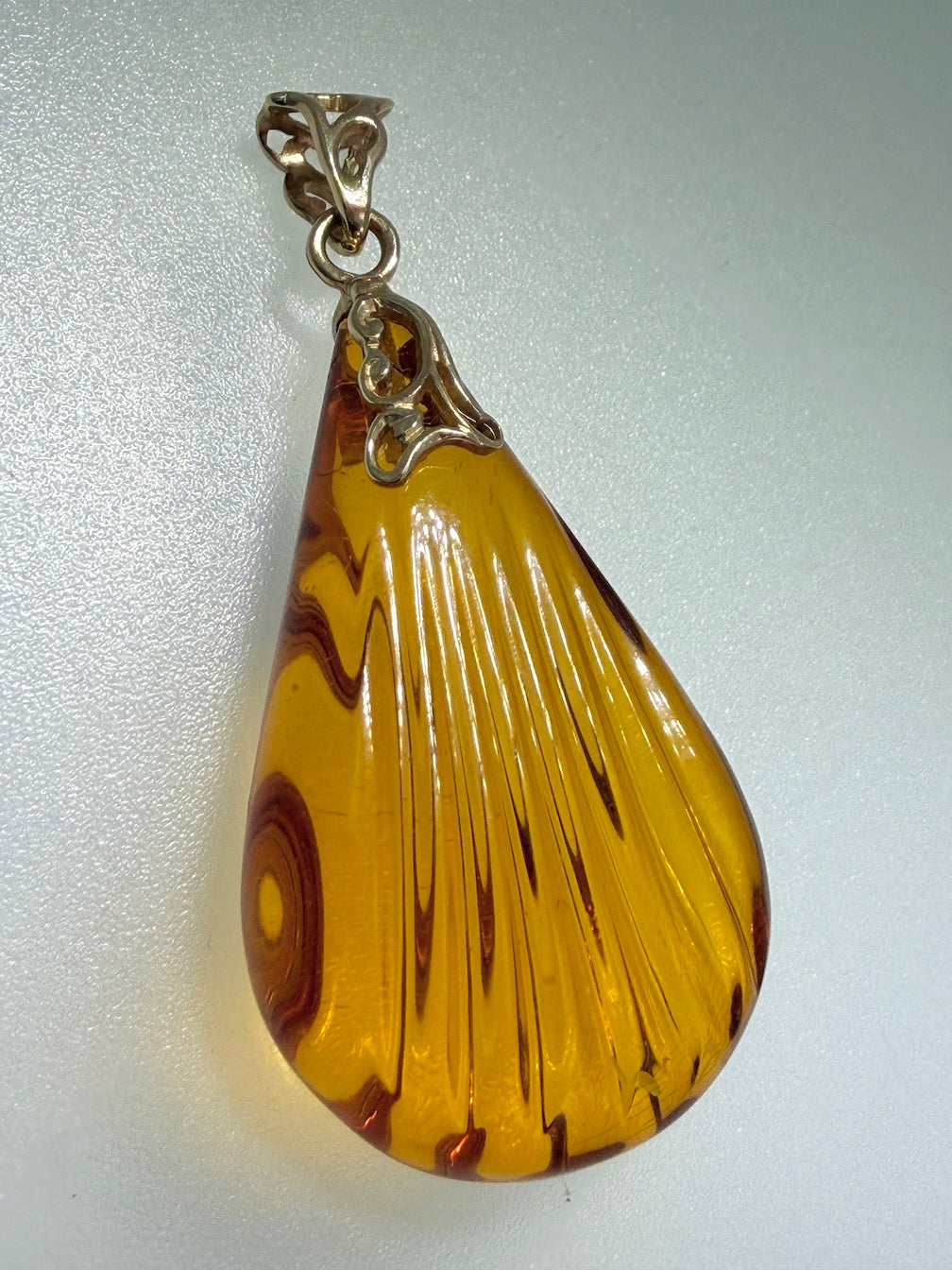 14K Gold & Genuine Honey Baltic Amber Hand-Carved Seashell Teardrop Pendant