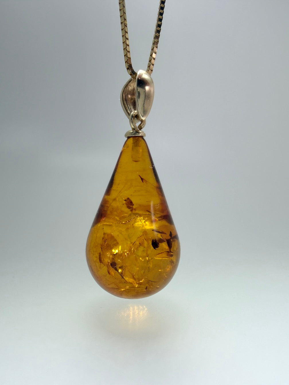 14k Gold Genuine Baltic Amber Honey Cognac Teardrop Pendant and Gold Chain Necklace