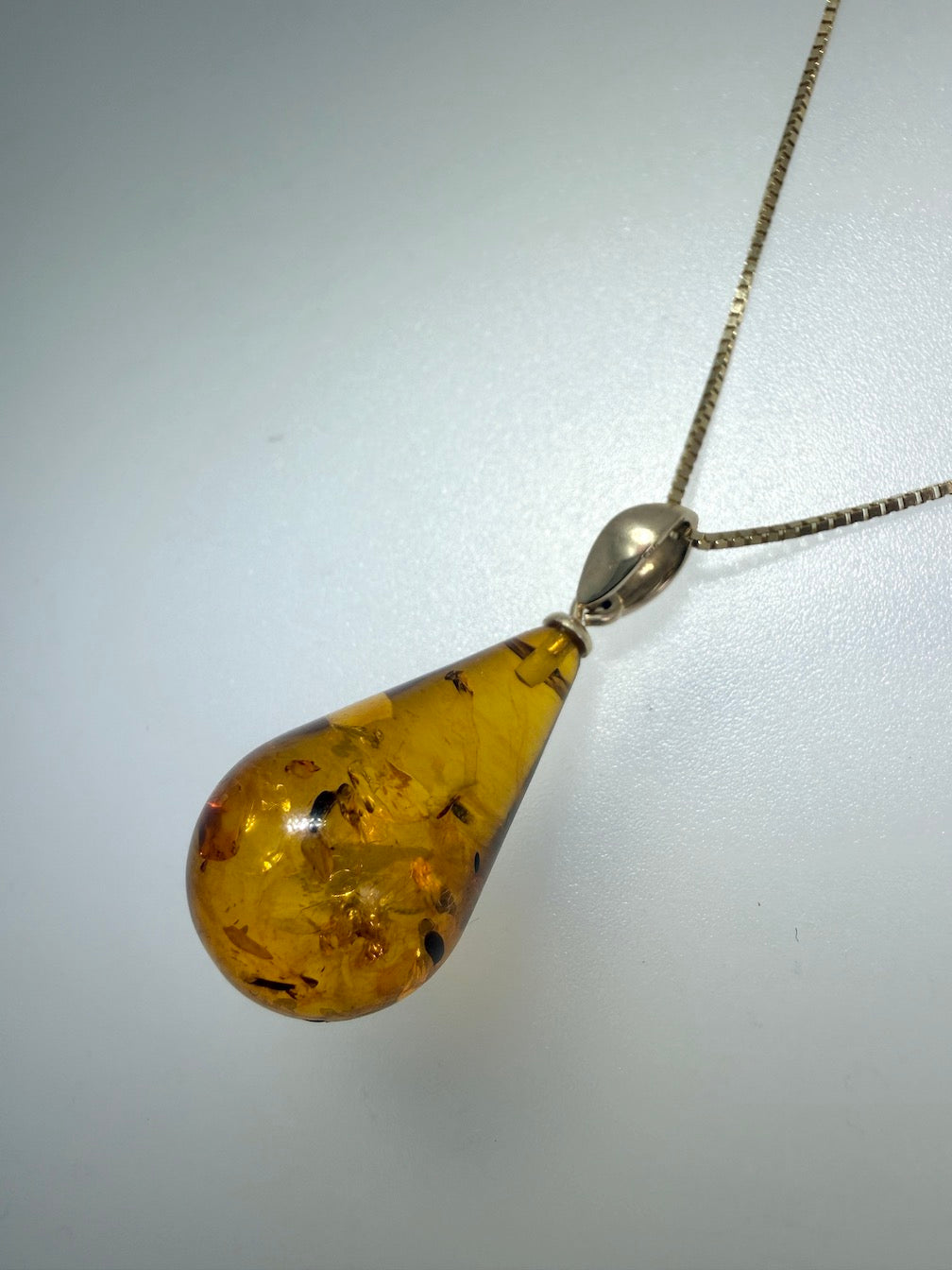 14k Gold Genuine Baltic Amber Honey Cognac Teardrop Pendant and Gold Chain Necklace