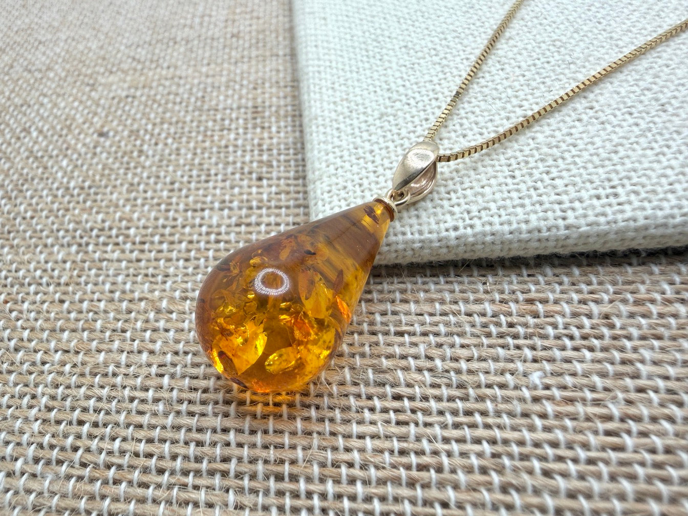 14k Gold Genuine Baltic Amber Honey Cognac Teardrop Pendant and Gold Chain Necklace