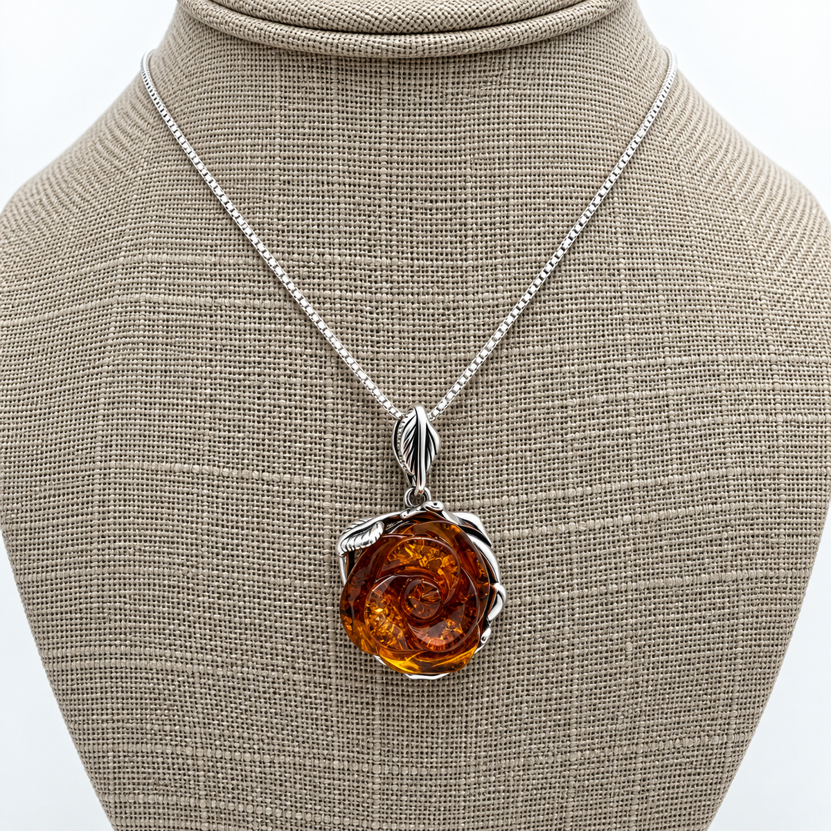 Baltic Amber Rose Necklace, Hand Carved Cognac Amber Flower