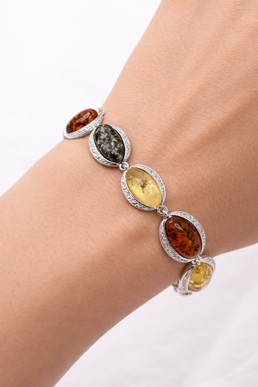 Baltic Amber Sterling Silver Link Bracelet – Cognac, Green, and Lemon Gemstone Jewelry
