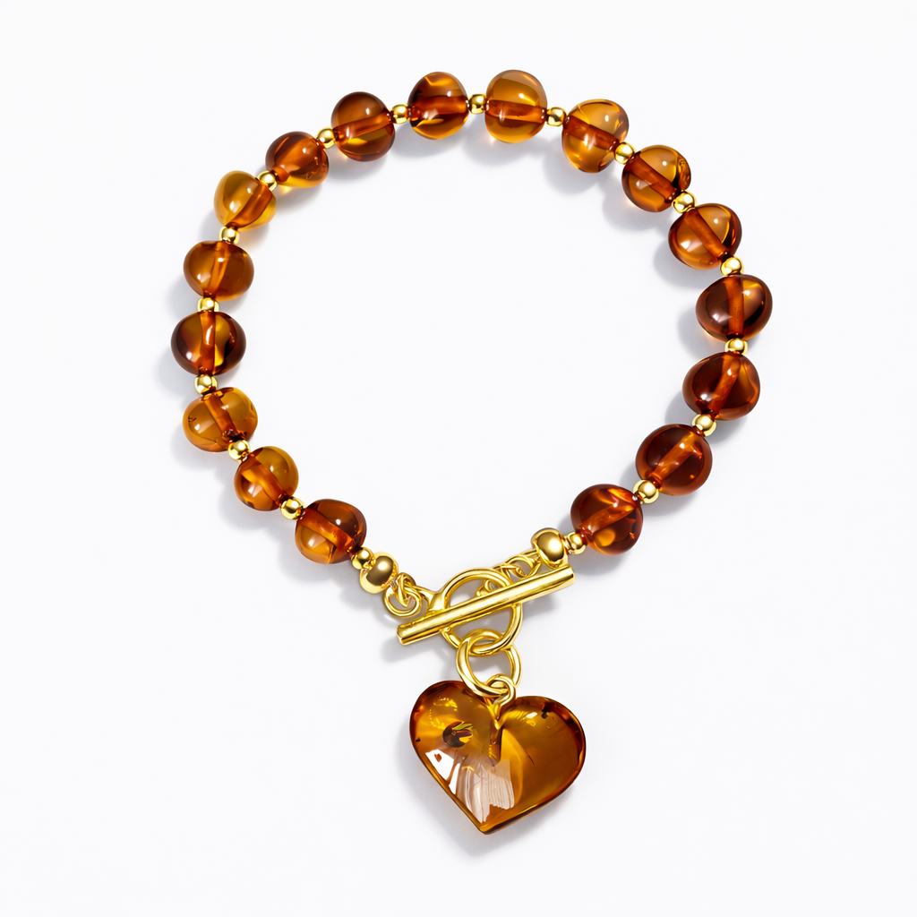 Handmade Honey Baltic Amber Bead Bracelet with Heart Charm – Genuine Baltic Amber & Gold Plated Sterling Silver Toggle
