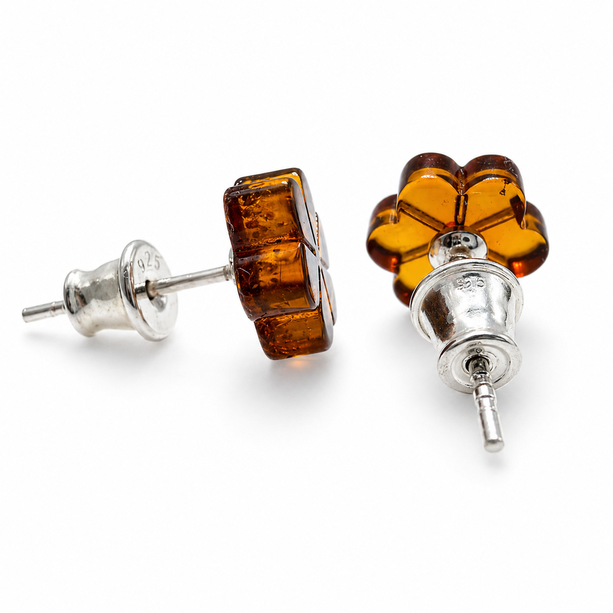 Baltic Amber Flower Stud Earrings, Sterling Silver Honey Cognac Amber, Carved Floral Earrings