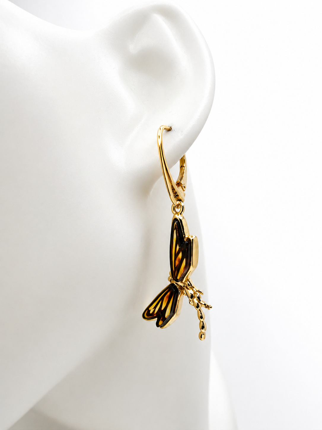 Baltic Amber Dragonfly Earrings, Gold Plated Sterling Silver Lever Back, Hand Etched Amber Wings, Handmade in Poland Drop Earrings
