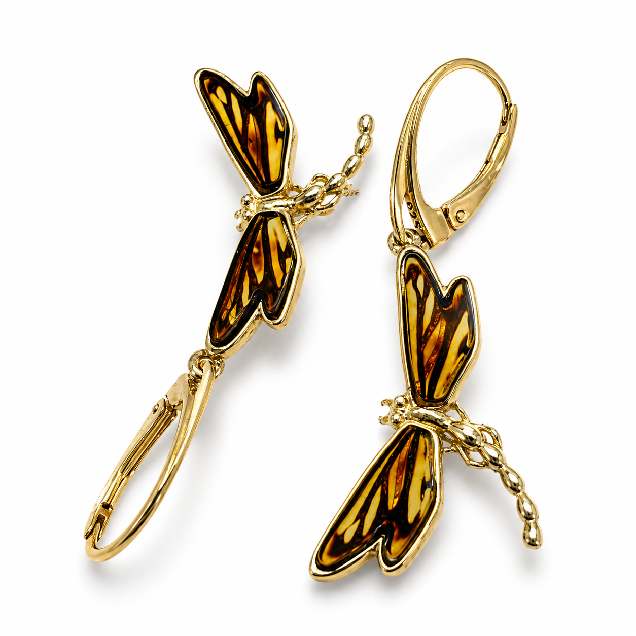 Baltic Amber Dragonfly Earrings, Gold Plated Sterling Silver Lever Back, Hand Etched Amber Wings, Handmade in Poland Drop Earrings