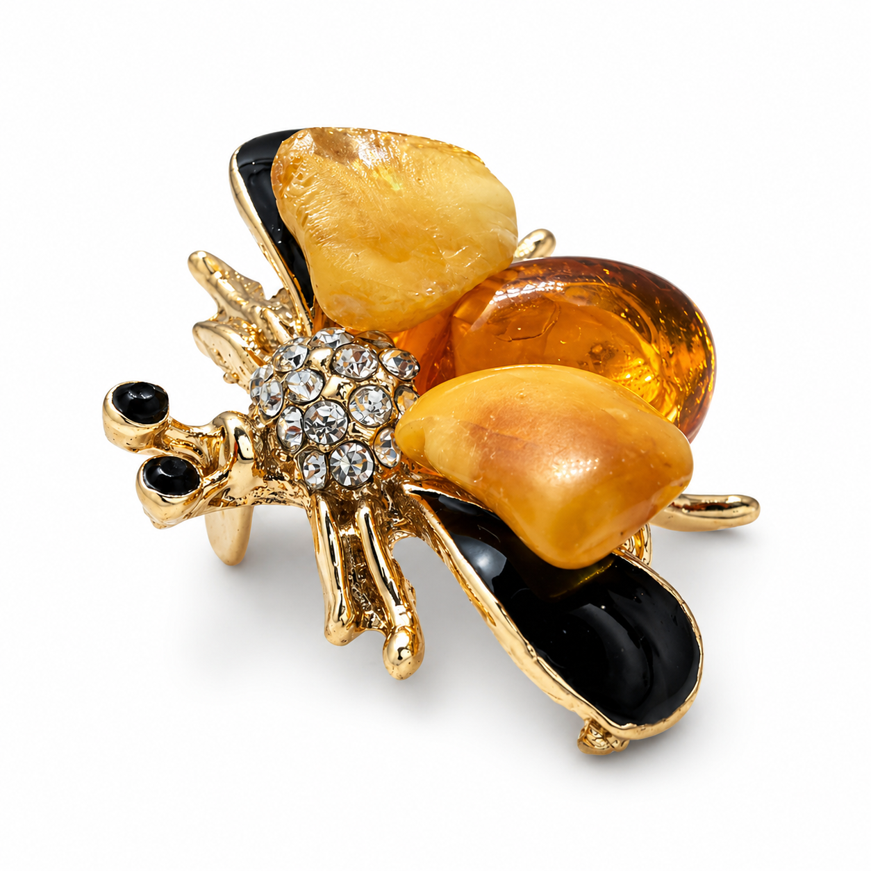 Genuine Baltic Amber Bumblebee Brooch – Butterscotch & Honey Amber – Black Onyx Wings – CZ Accents – Nature Inspired Jewelry