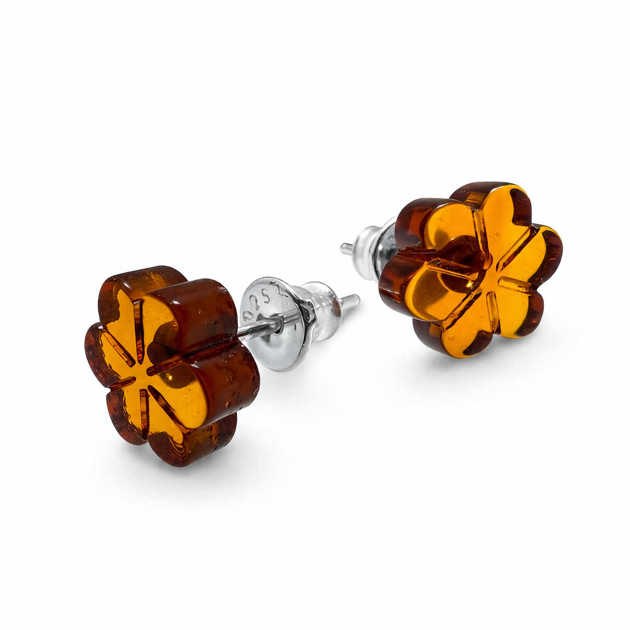 Baltic Amber Flower Stud Earrings, Sterling Silver Honey Cognac Amber, Carved Floral Earrings