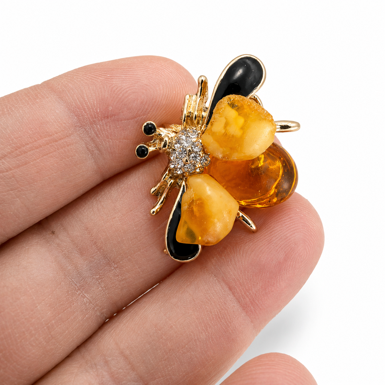 Genuine Baltic Amber Bumblebee Brooch – Butterscotch & Honey Amber – Black Onyx Wings – CZ Accents – Nature Inspired Jewelry