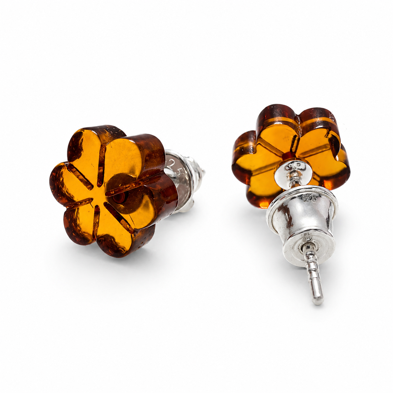Baltic Amber Flower Stud Earrings, Sterling Silver Honey Cognac Amber, Carved Floral Earrings