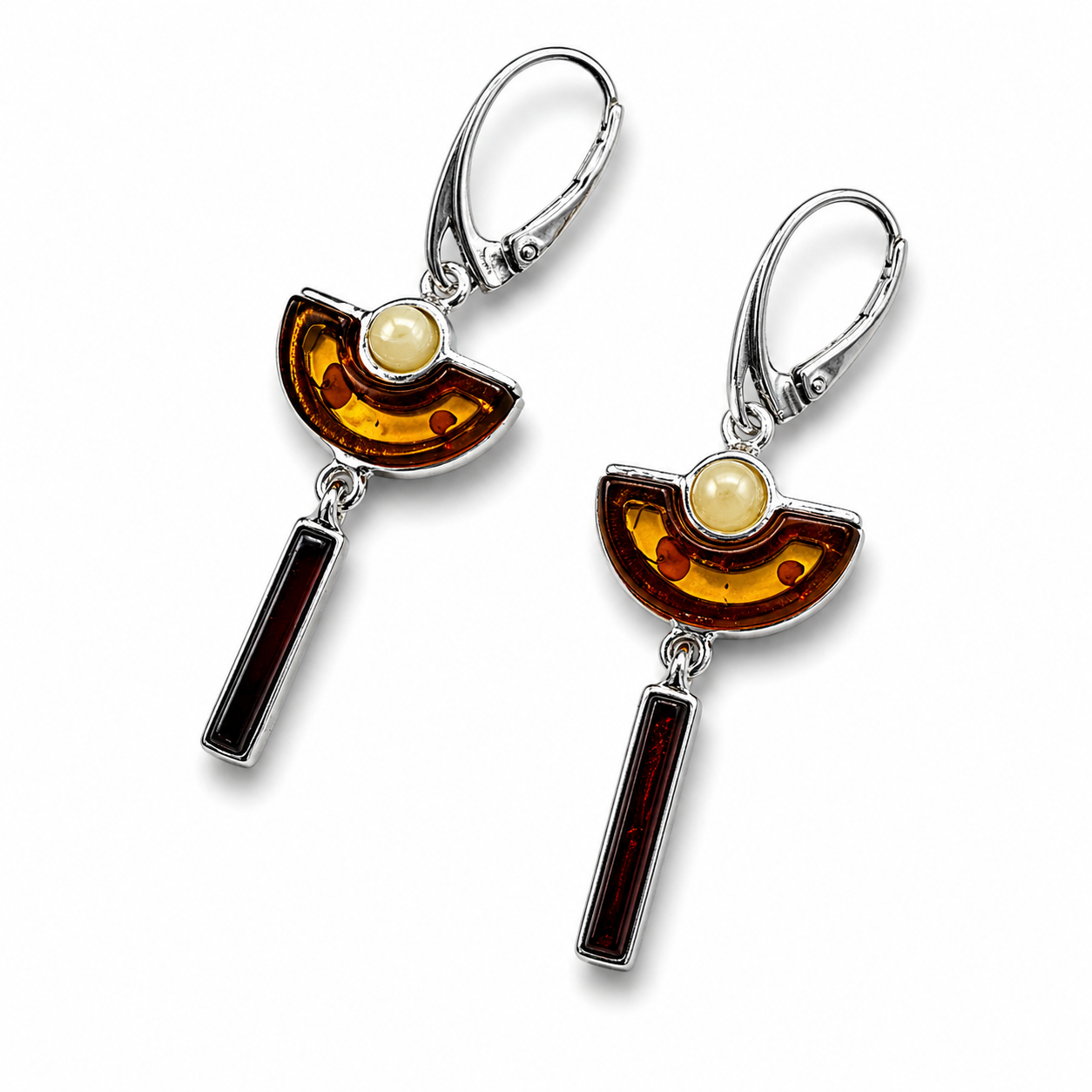 Baltic Amber Art Deco Drop Earrings, Sterling Silver Honey & Cherry Amber Dangle, Handmade in Poland, Modern Geometric Earrings