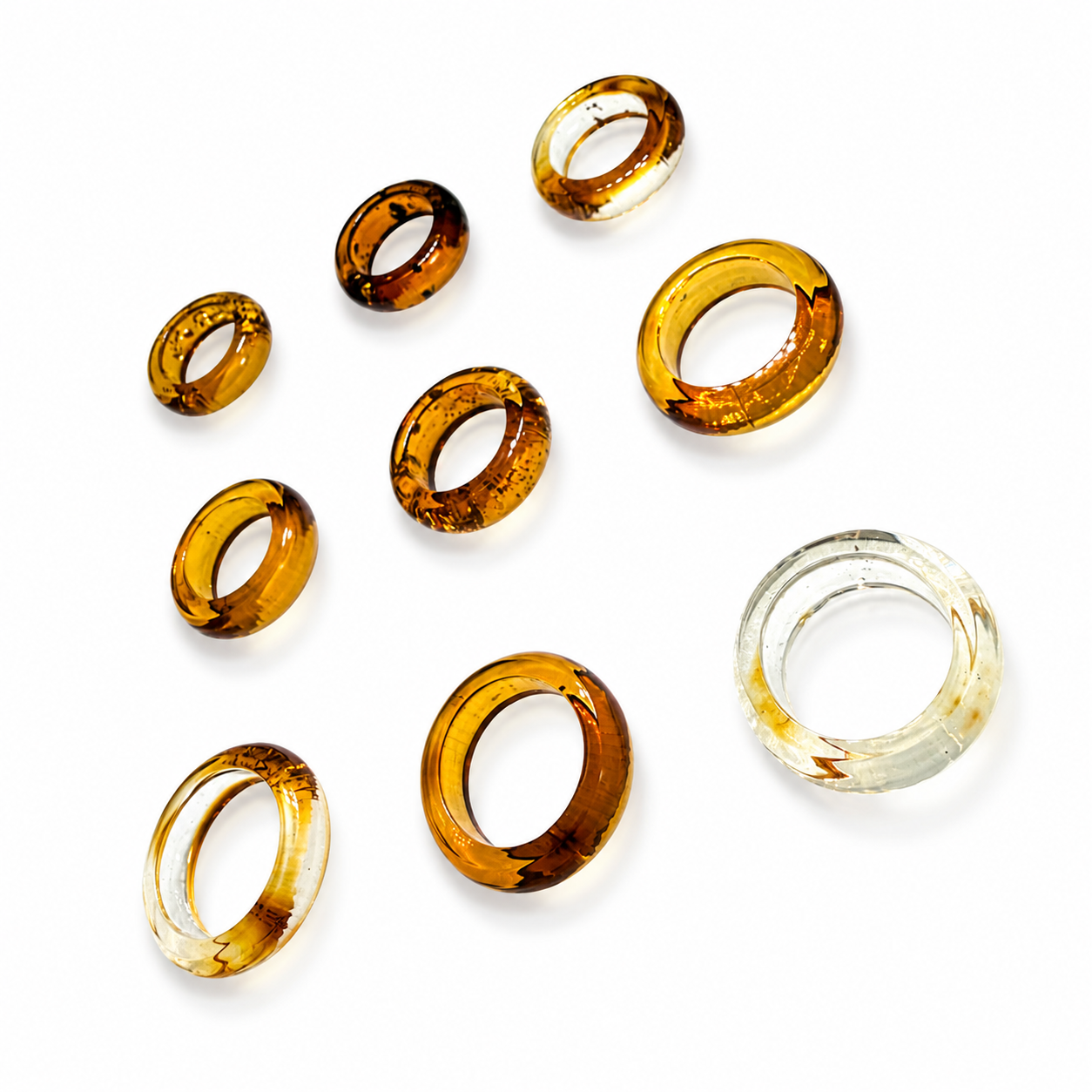 Handmade Genuine Baltic Amber Band Rings – Solid Amber, One Piece Construction – Honey, Cognac, Lemon & Clear Amber – Sizes 5-7