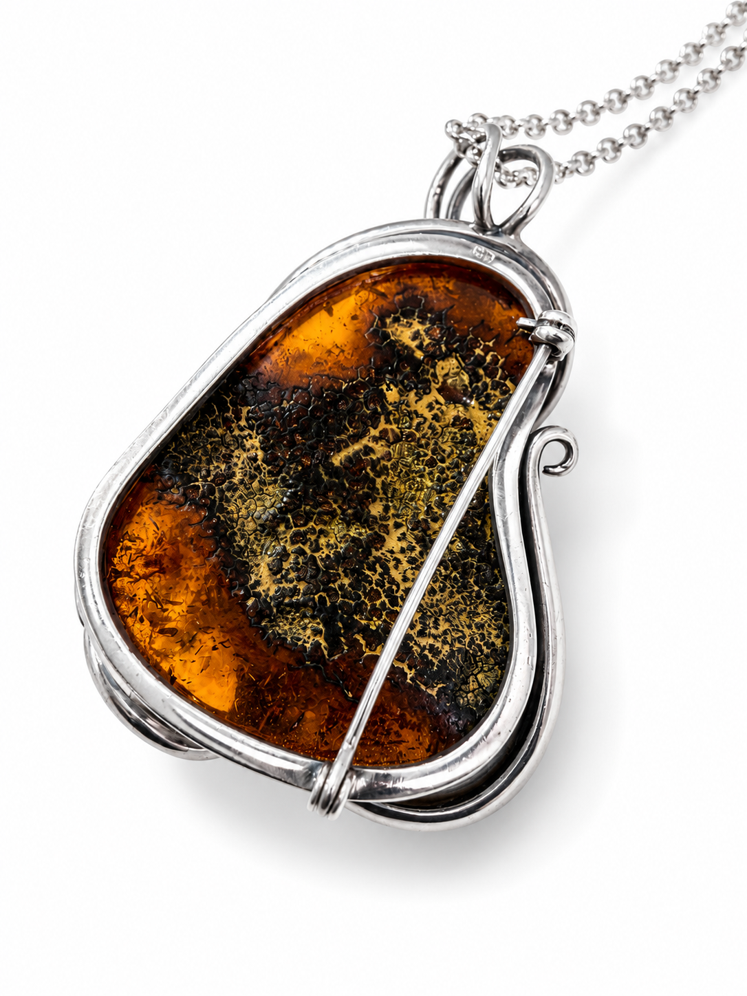 Genuine Baltic Amber Sterling Silver Pendant Brooch 