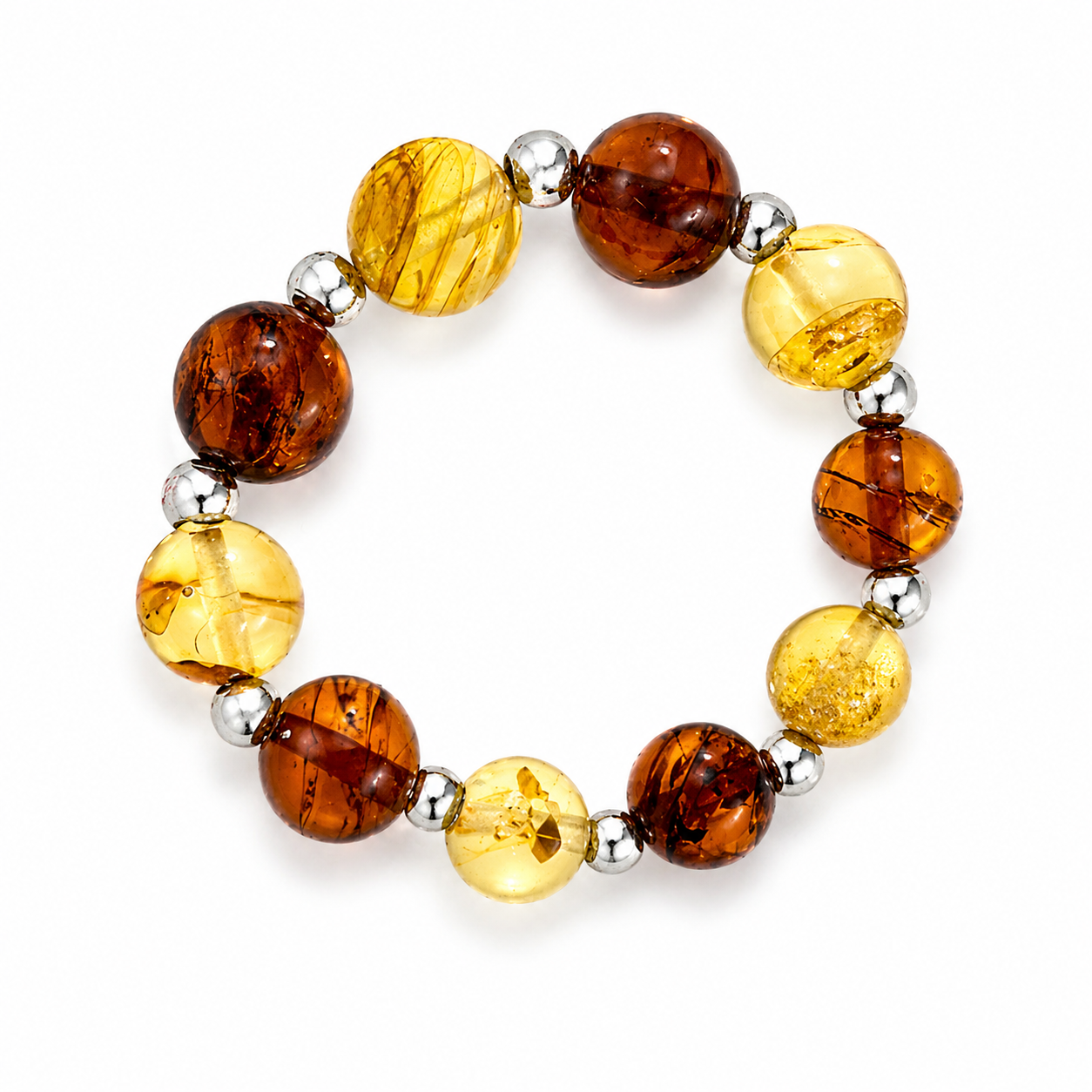 Genuine Baltic Amber Ball Stretch Ring – Multicolor Lemon & Honey or Matte Lemon – 5 mm Amber Beads – Adjustable Fit