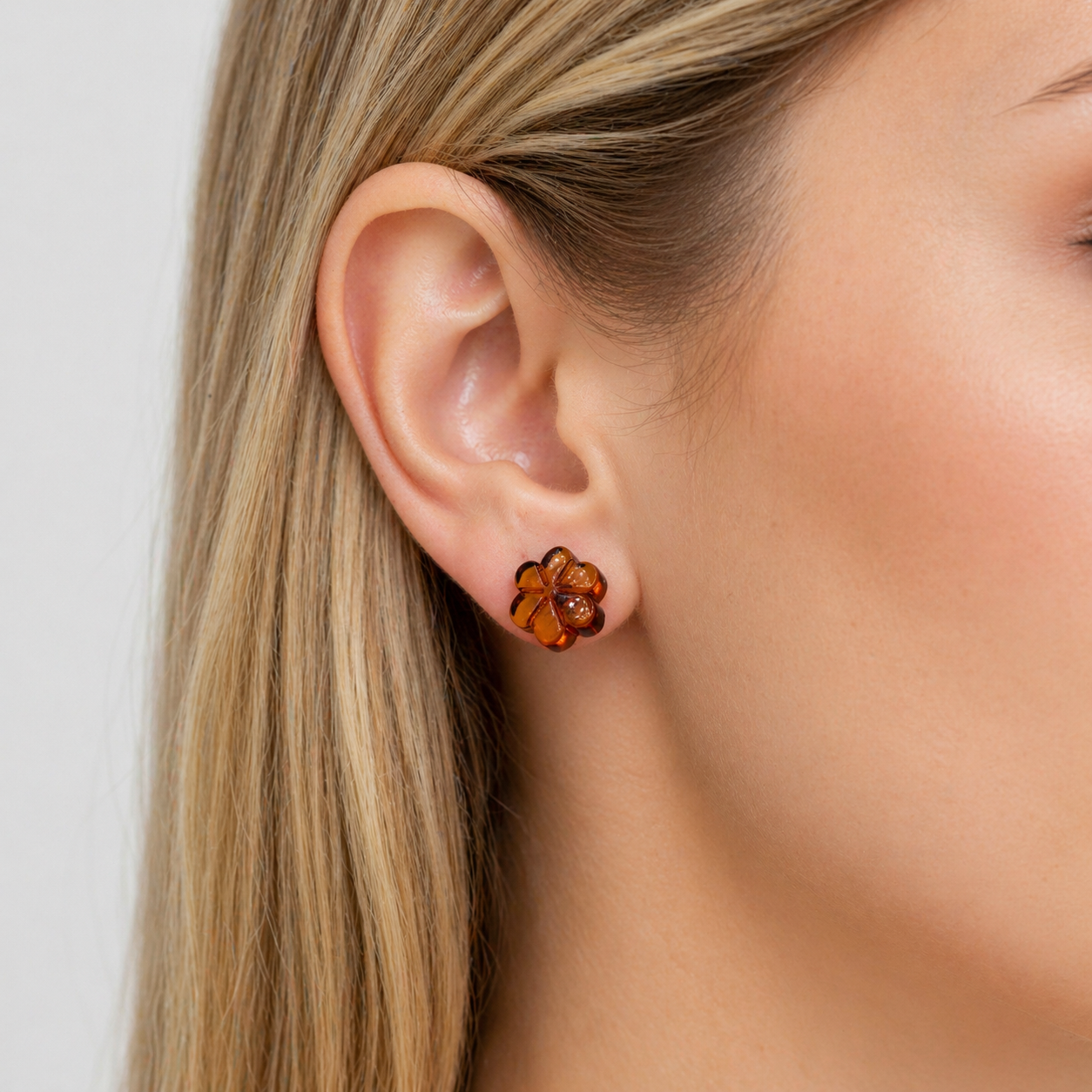 Baltic Amber Flower Stud Earrings, Sterling Silver Honey Cognac Amber, Carved Floral Earrings