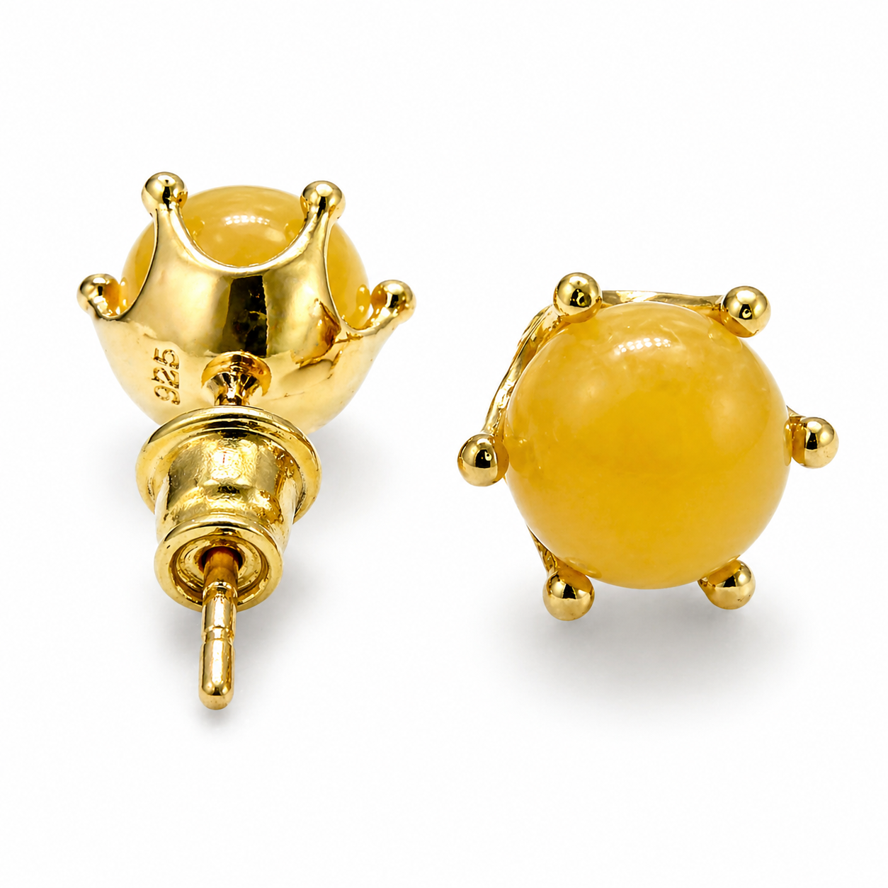 Butterscotch Baltic Amber Ball Stud Earrings, Gold Plated Sterling Silver, 8mm Amber Stud Earrings, Crown Setting