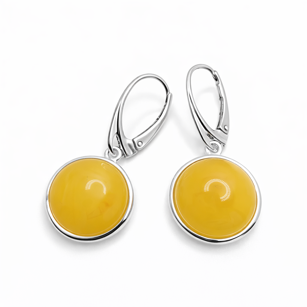 Handmade Sterling Silver Butterscotch Baltic Amber Lever Back Earrings | 14mm Round Yellow Cabochon Earrings