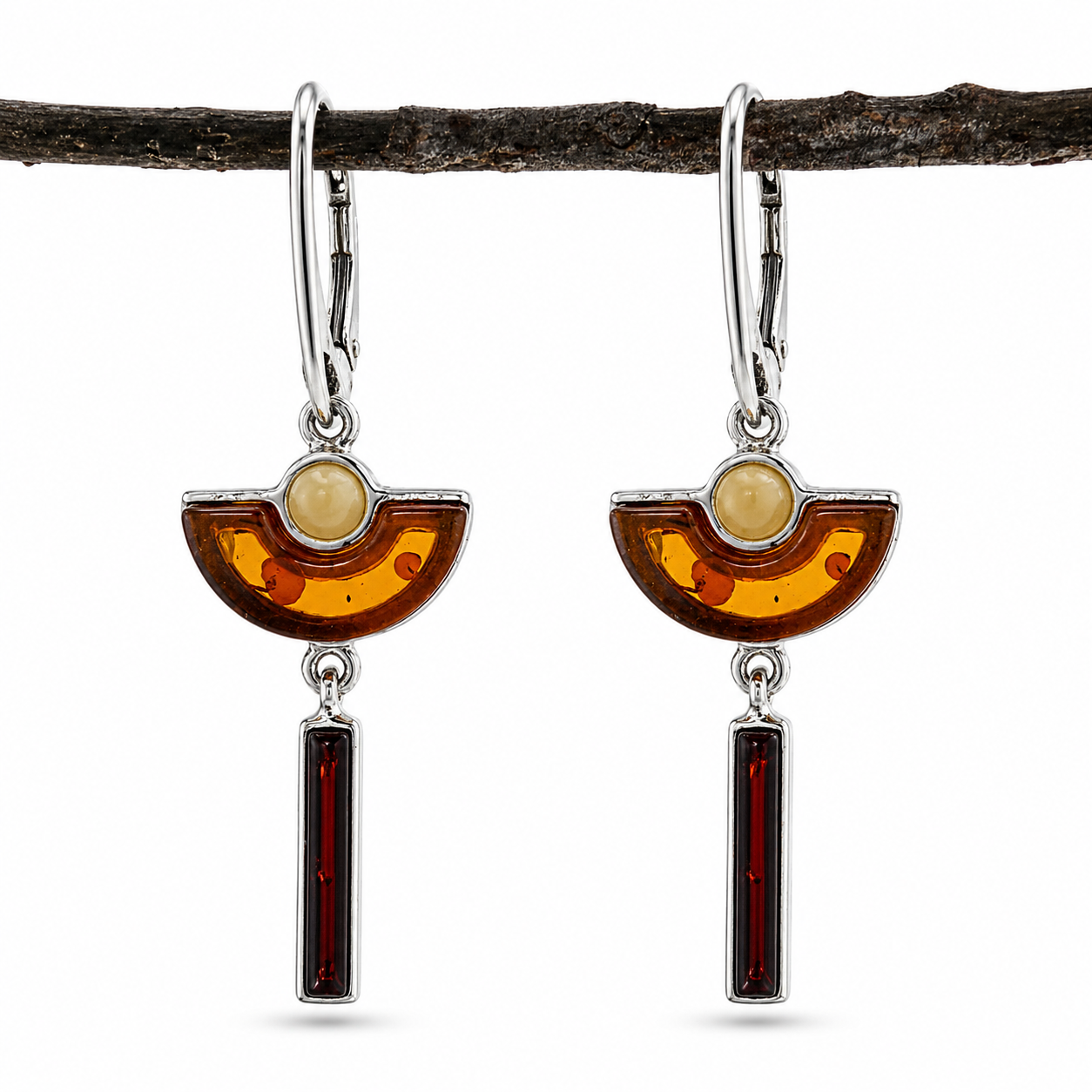 Baltic Amber Art Deco Drop Earrings, Sterling Silver Honey & Cherry Amber Dangle, Handmade in Poland, Modern Geometric Earrings