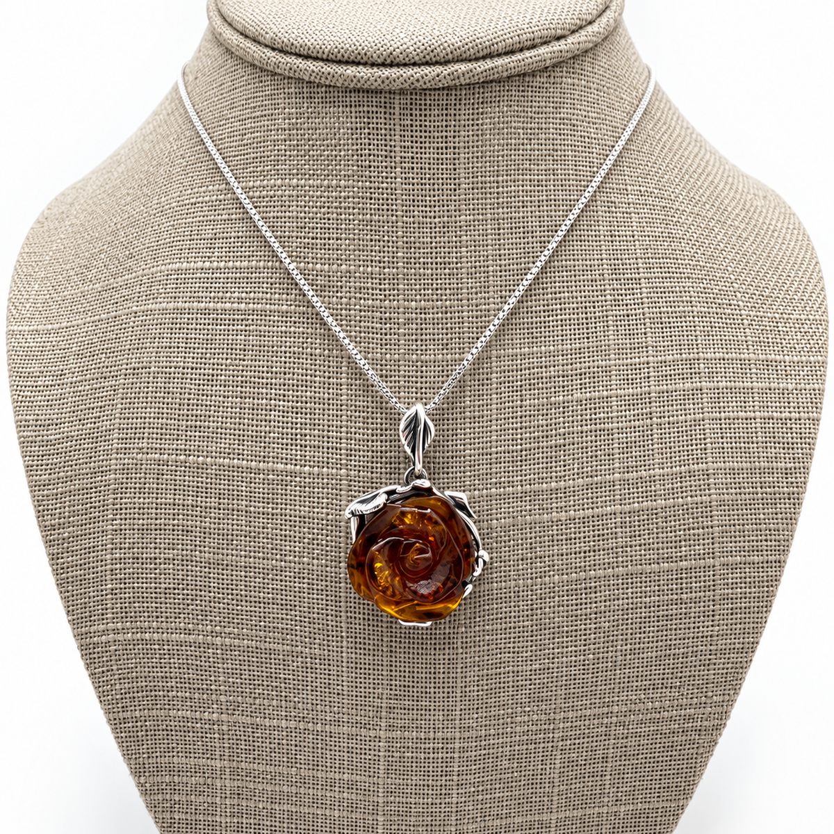 Baltic Amber Rose Necklace, Hand Carved Cognac Amber Flower