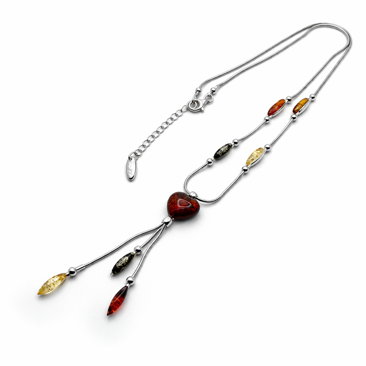 Multicolor Baltic Amber Lariat Necklace – Sterling Silver with Cognac Heart & Hanging Amber Drops