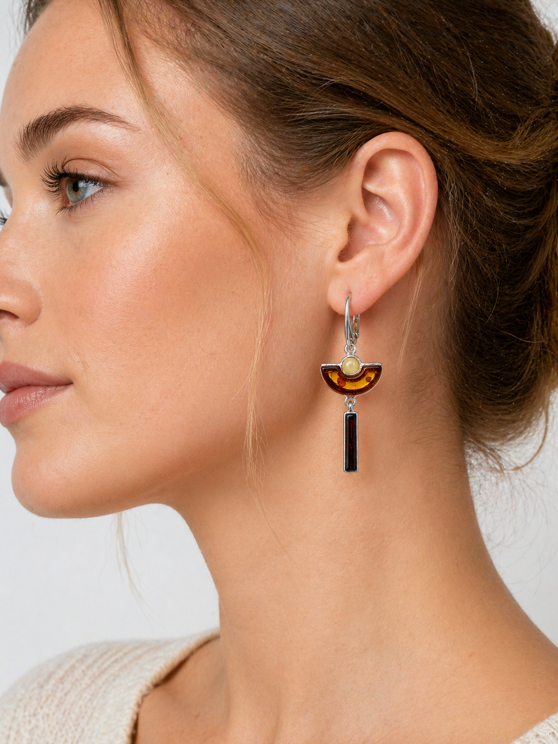 Baltic Amber Art Deco Drop Earrings, Sterling Silver Honey & Cherry Amber Dangle, Handmade in Poland, Modern Geometric Earrings