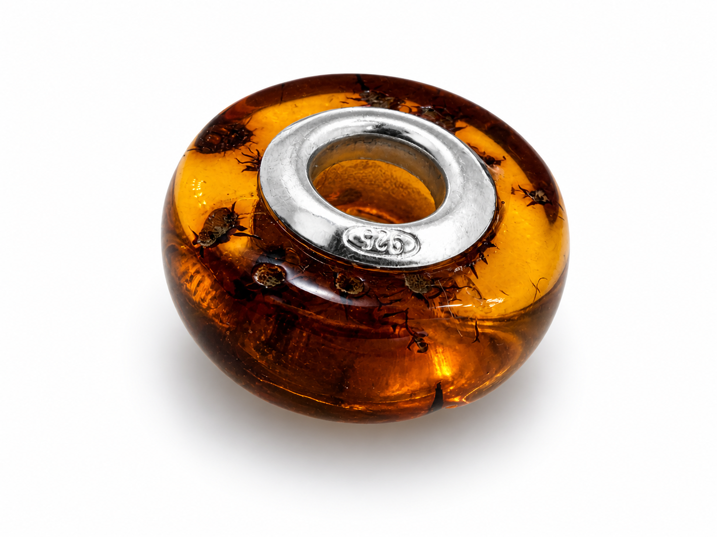 Amber Donut Bracelet Bead – Sterling Silver Core – Genuine Baltic Amber – Made in Poland