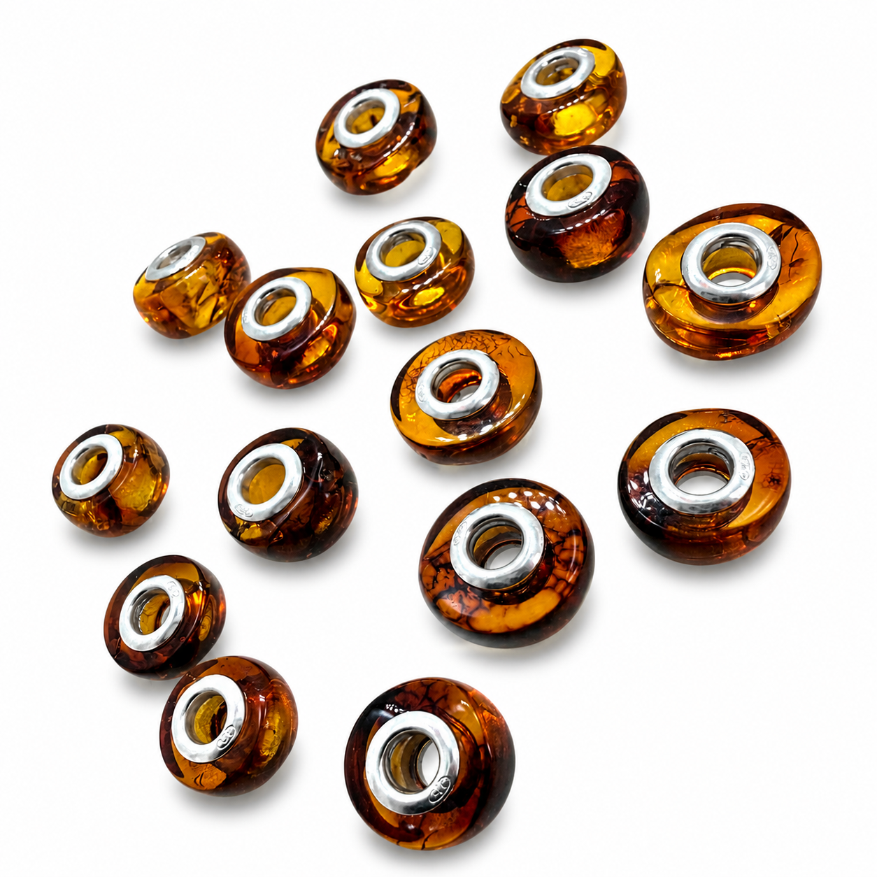Amber Donut Bracelet Bead – Sterling Silver Core – Genuine Baltic Amber – Made in Poland
