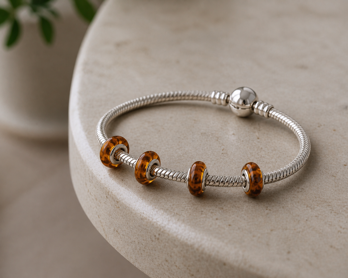 Amber Donut Bracelet Bead – Sterling Silver Core – Genuine Baltic Amber – Made in Poland