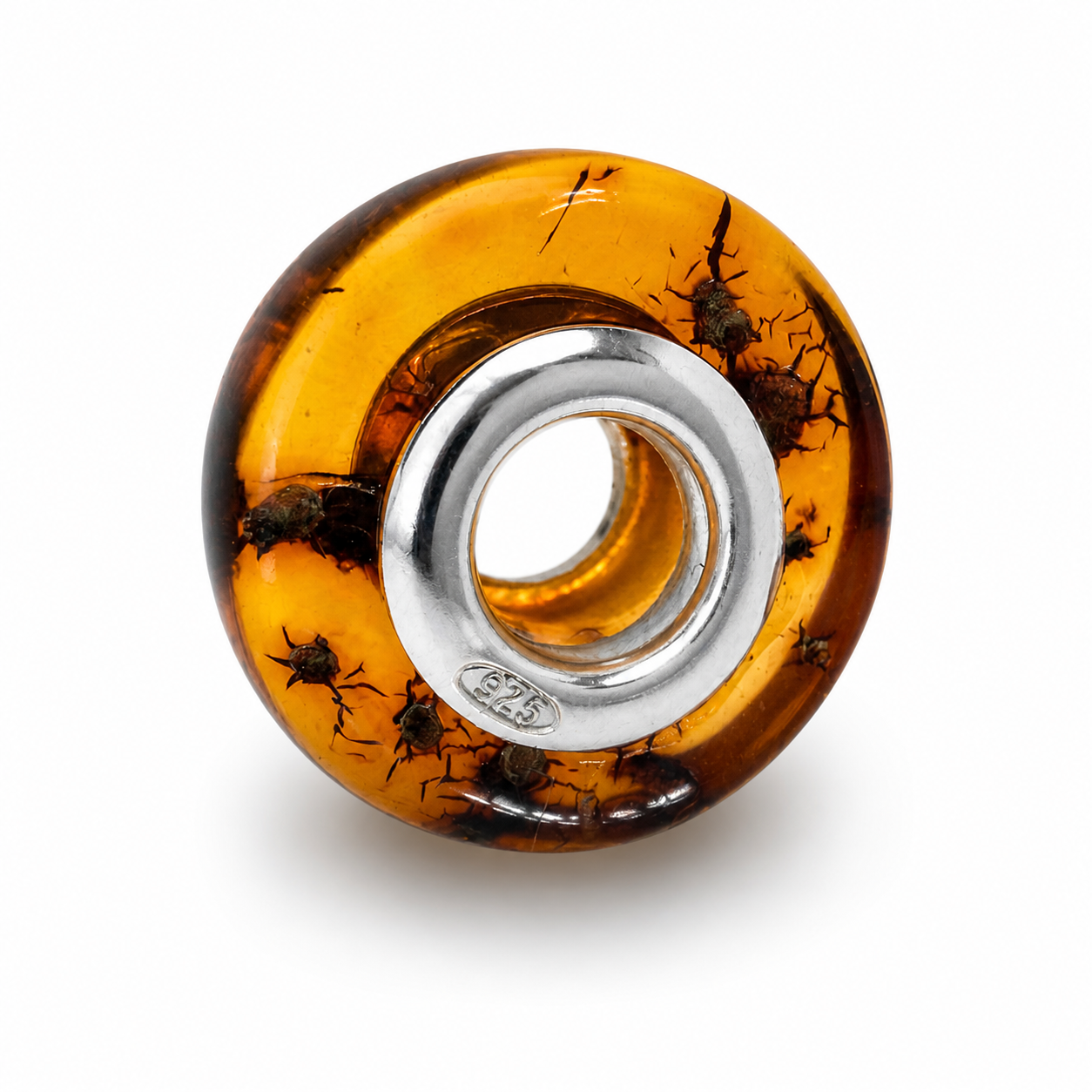 Amber Donut Bracelet Bead – Sterling Silver Core – Genuine Baltic Amber – Made in Poland