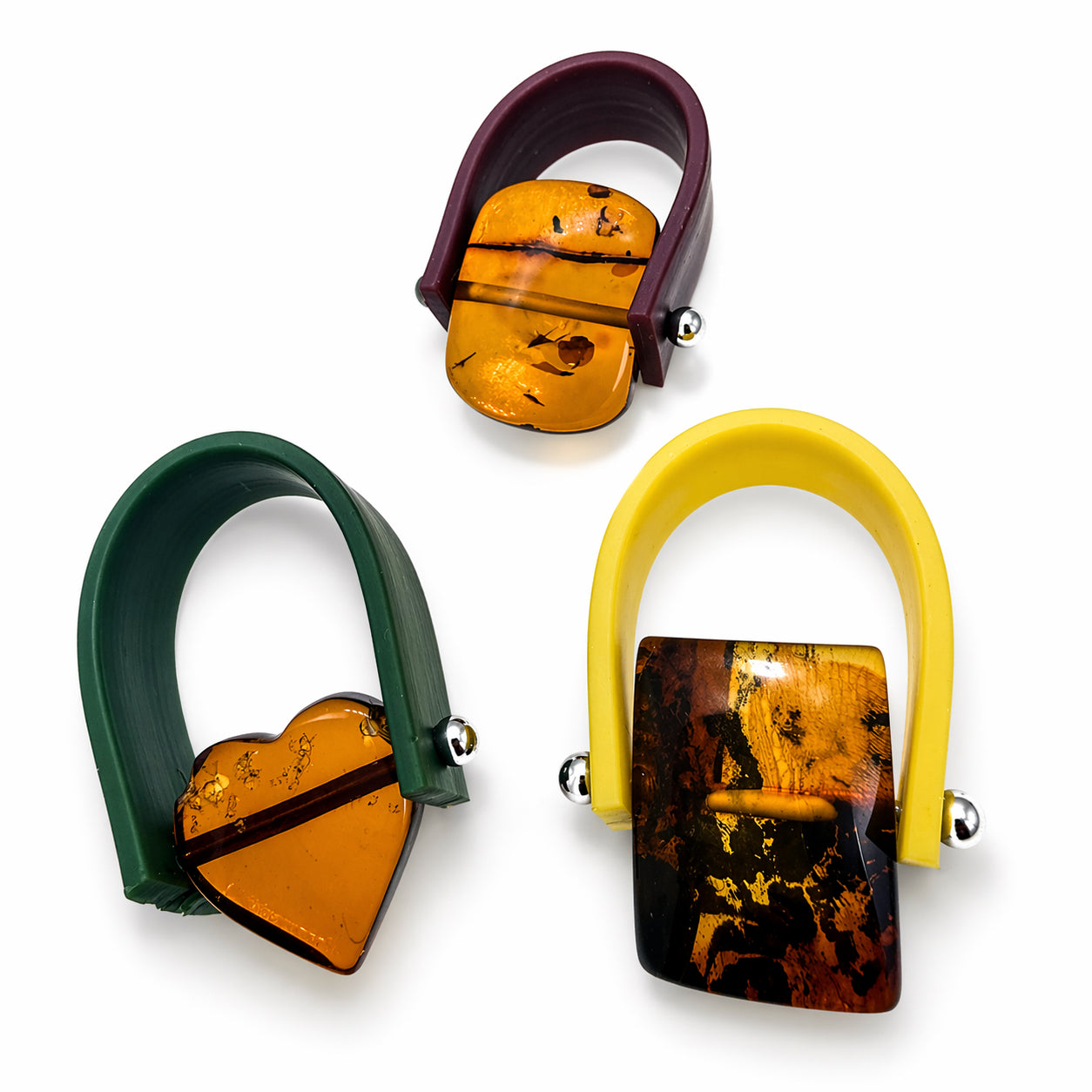 Genuine Baltic Amber and Silicone Band Ring • Moving Amber Stone • Unique Modern Design • Multiple Colors & Sizes