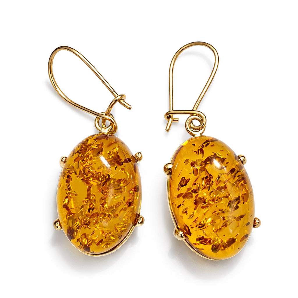 Genuine Baltic Amber & 14K Gold Pendant Set with Matching Drop Earrings | Handmade in Poland | Cognac Amber Jewelry Set 