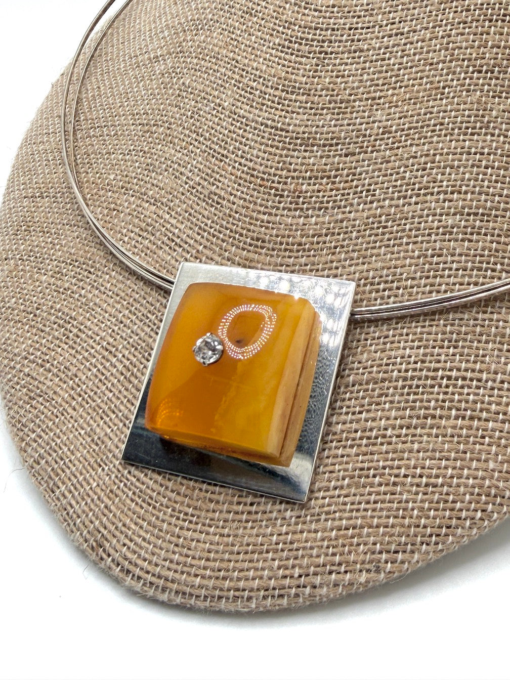 Ambermoda Designer Sterling Silver & Genuine Baltic Butterscotch Amber Rectangle Necklace with Cubic Zirconia Highlight