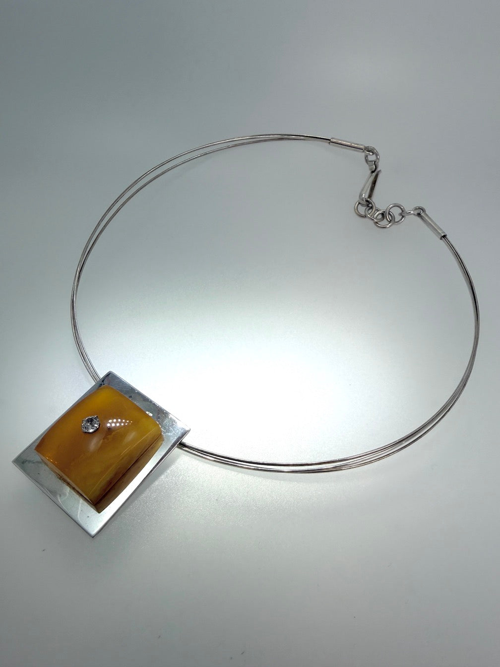 Ambermoda Designer Sterling Silver & Genuine Baltic Butterscotch Amber Rectangle Necklace with Cubic Zirconia Highlight